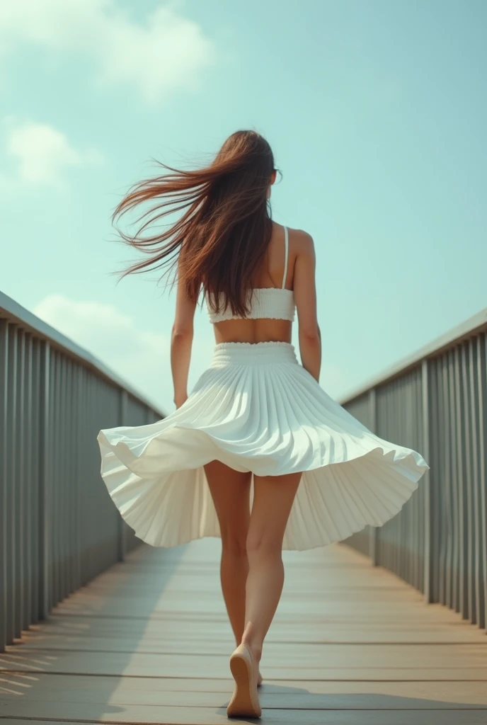 High quality, realistic photo. A woman in a white pleated skirt on a footbridge, strong wind, her skirt flying high, exposing her small black panties, a view from behind, looking back with a surprised expression, looking over her shoulder, running up the stairs, a view from below