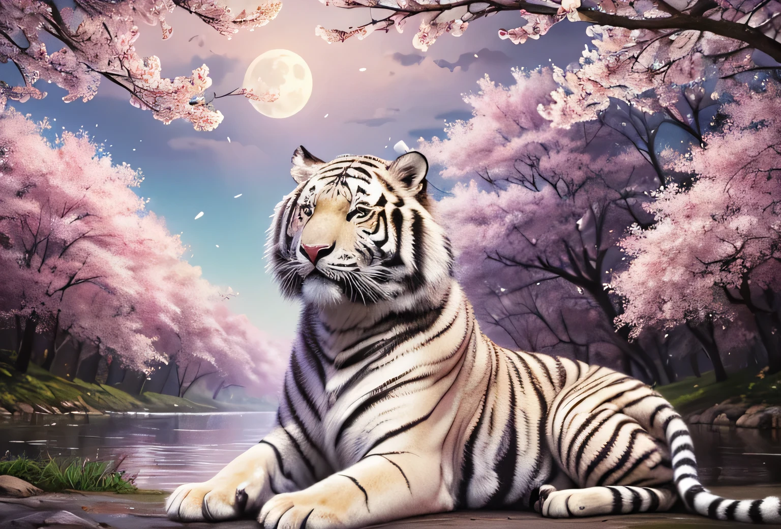 White Tiger,Big tiger,Cherry Blossoms at Night, full moon,Beautiful Eyes,Realistic painting, Fantasy art, Colorful HD images, Colorful 8 k, Beautiful and surreal, Colorful 4K, Beautiful body hair,