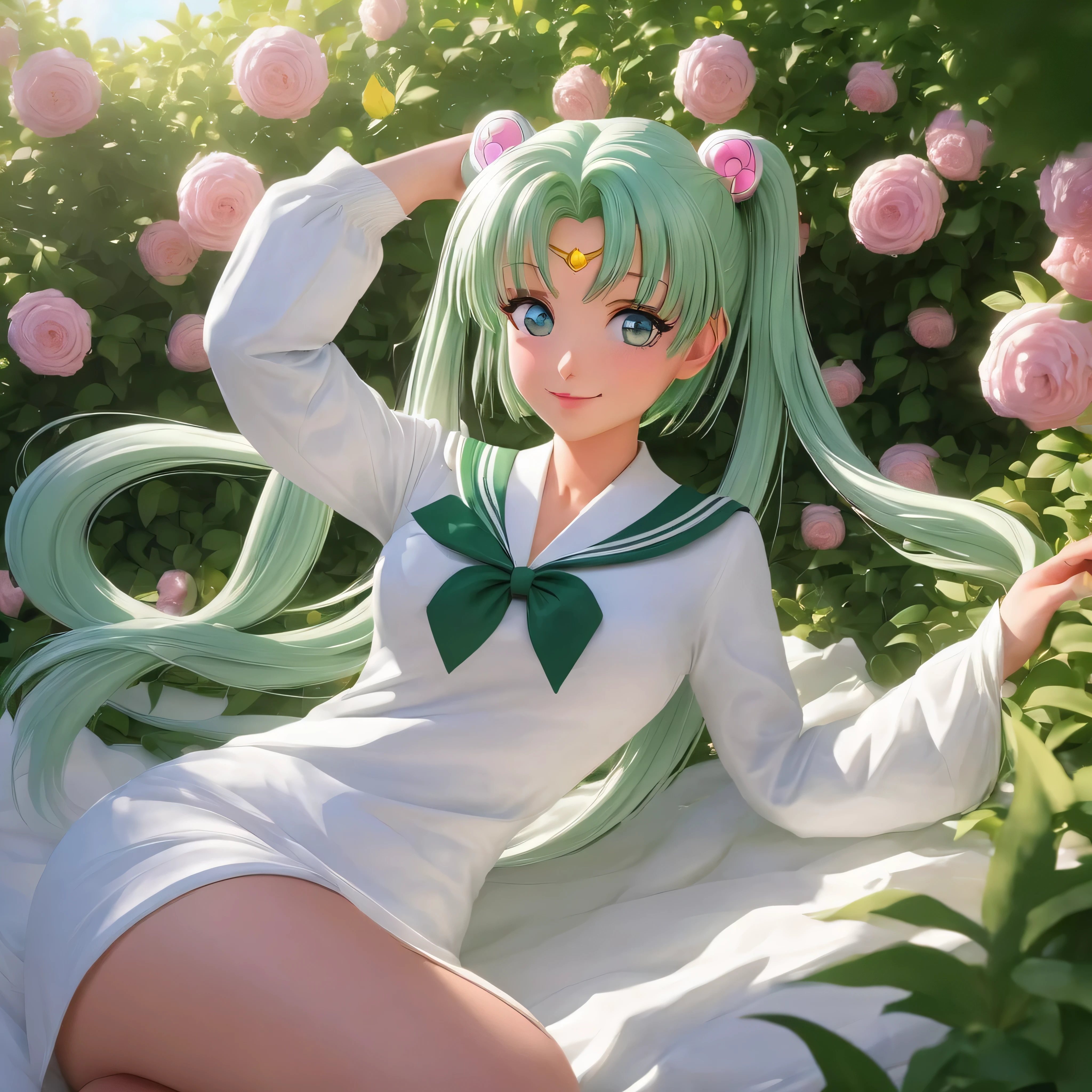 (Extreme Detail CG Unity 8K wallpaper, masterpiece, highest quality), (exquisite lighting and shadow, highly dramatic picture, cinematic lens effect), (Sailor Moon: 1.4), delicate facial features, charming smile, star eyes, ((dark green hair)), tight top, white gloves, mini skirt, dynamic pose, lying in the garden), (background in a garden full of flowers) (excellent detail, outstanding lighting, wide angle), (excellent rendering, enough to be proud of its kind),
