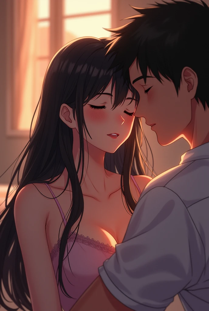 A beautiful anime-style woman with long black hair seems to be enjoying having her breasts massaged by a man