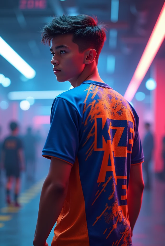 A young man wearing esports jersy with a name "K A Z E" at the back.