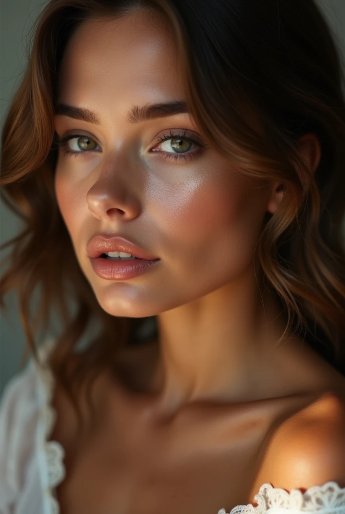 ((long shot))femme réaliste texture de peau détaillée, Beaux traits du visage, long cils, lèvres brillantes, doigts délicats, silhouette élégante, literie de luxe en soie, éclairage doux, composition cinématographique, Couleurs vives, Photoréaliste, 8k, Haute qualité
