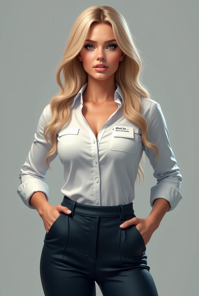 (photorealism:1.2)
((one female)), ((long_blonde_hair)), (((medium_sized_breasts))), (toned_body), ((flawless_physique)), ((30_years_old)), ((perfect_proportions)), (swept_bangs), (wide_hips), ((masterful_artwork)), ((follow_all_prompts)), ((deep_blue_eyes)), ((Form-fitting_pants)), ((dress_shirt)), her name tag says “Elena Nyx, CEO of WiZe Enterprise”,