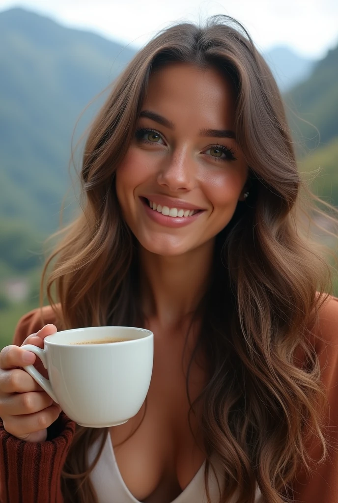 ((long shot)) brunette influencer with long, naturally wavy hair, green eyes, sexly, big , enjoying a coffee in the mountains, elegant and modern look, relaxing, Calm, extravagant , 8k, extremely detail, photorealestic, Details Complicated, Realistic skin texture, realistic hair, Textur, Happy, 8K UHD, best quality, High resolution, attention to details, very large , long shot, wide angle,(big boobs)