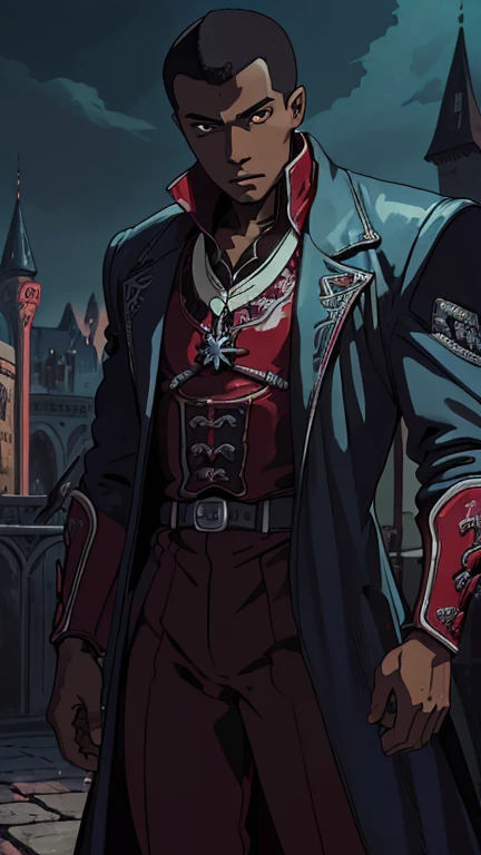 (1boy: african,bb2lad3), (extremely detailed CG unit 8k wallpaper),(master part), (best quality), (ultra detail), (best illustration),(ghibli style), cowboy shot, (Sharp eyeliner, ombre, detail eyes:1), Dracula Castle background, ,break , (vamptech), short hair ,black hair, full body, dark skin male,