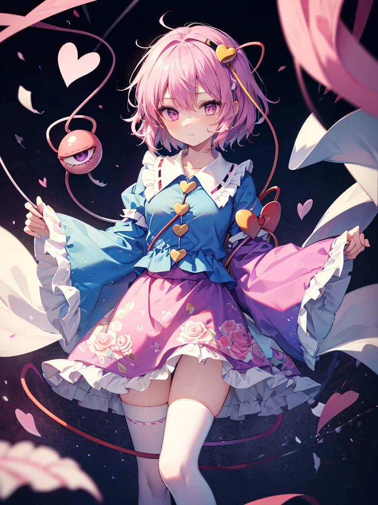 1girl, komeiji satori (touhou), pink eyes, purple eyes, short hair, pink hair, purple hair, messy hair, third eye, eyeball, collared shirt, blue shirt, frilled shirt collar, ribbon trim, heart button, long sleeves, frilled sleeves, wide sleeves, pink skirt, frilled skirt, floral print, rose print, white legwear, bobby socks, pink slippers