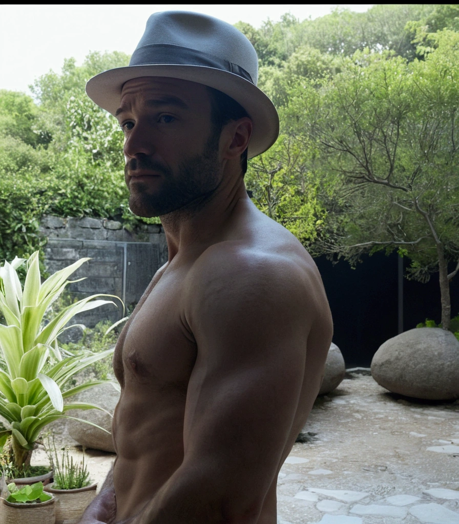 There is a man with a hat holding a plant., profile picture, Charlie Cox, medium shot of a handsome man, inspired by Ludovit Fulla, Profile picture, 32 years old, Profile picture, Profile pictureture, Inspired by Ramon Pichot, Profile picture, raphael lecoste, slightly muscular, diego fazio, 36 years old, shirtless and naked, Full body shot