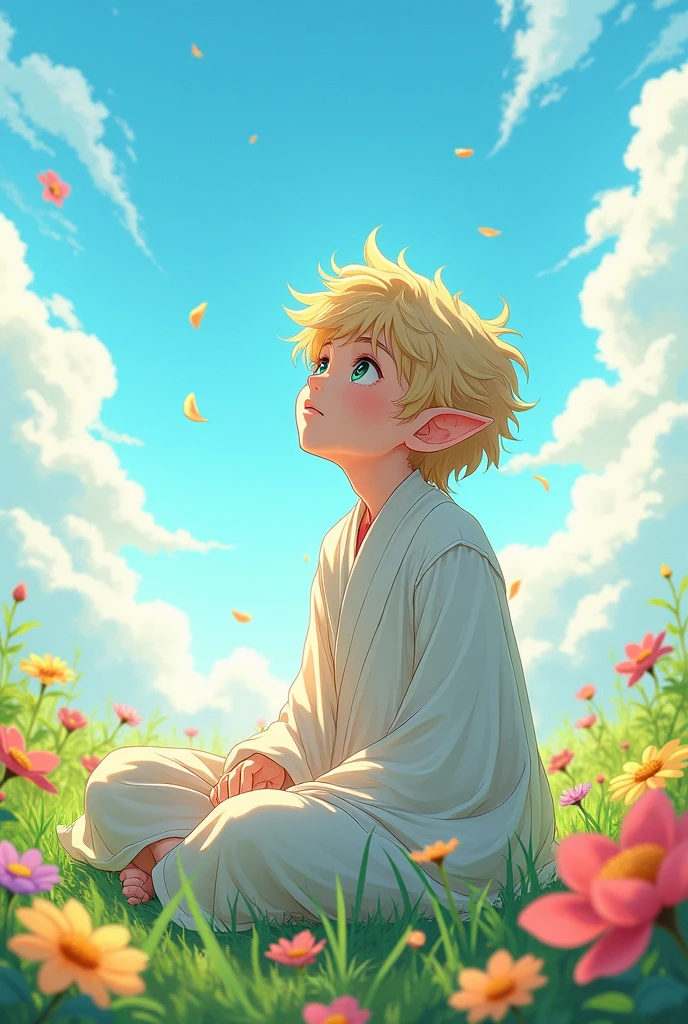 Elf boy sits among flowers on the ground,looking up anime style