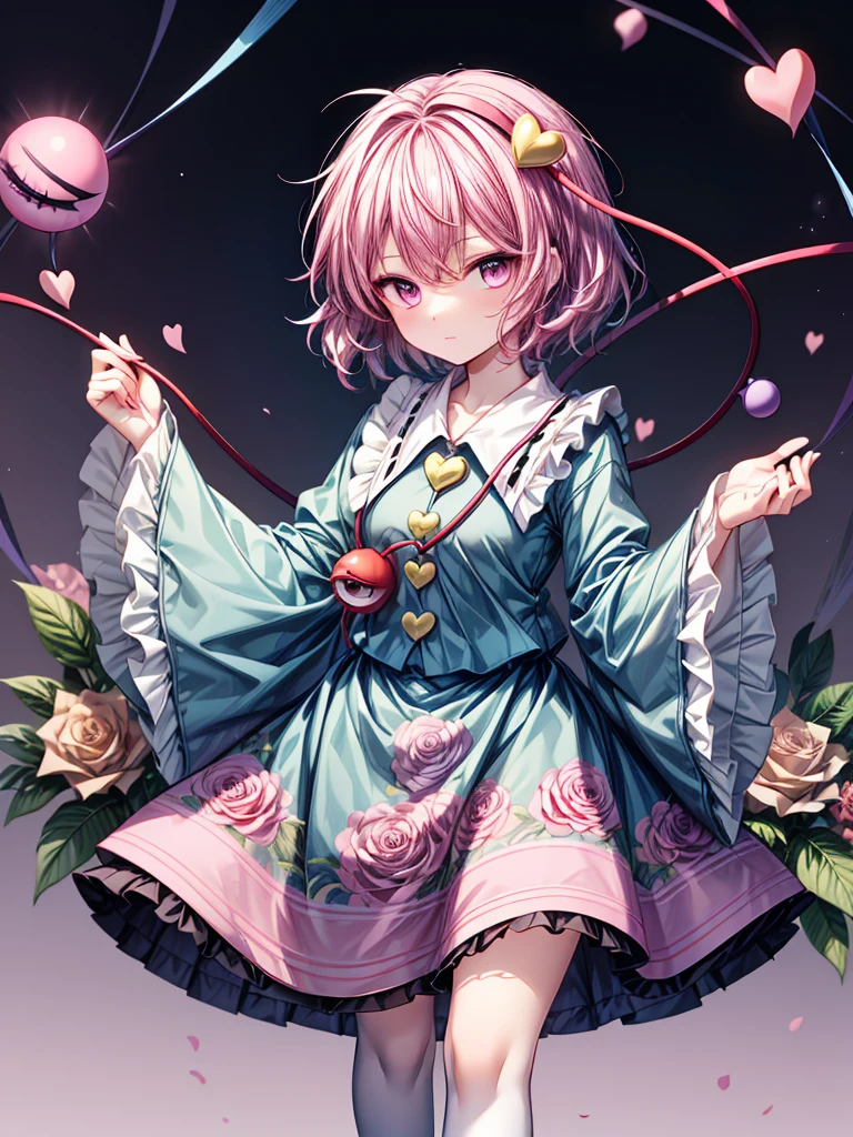 1girl, komeiji satori (touhou), pink eyes, purple eyes, short hair, pink hair, purple hair, messy hair, third eye, eyeball, collared shirt, blue shirt, frilled shirt collar, ribbon trim, heart button, long sleeves, frilled sleeves, wide sleeves, pink skirt, frilled skirt, floral print, rose print, white legwear, bobby socks, pink slippers