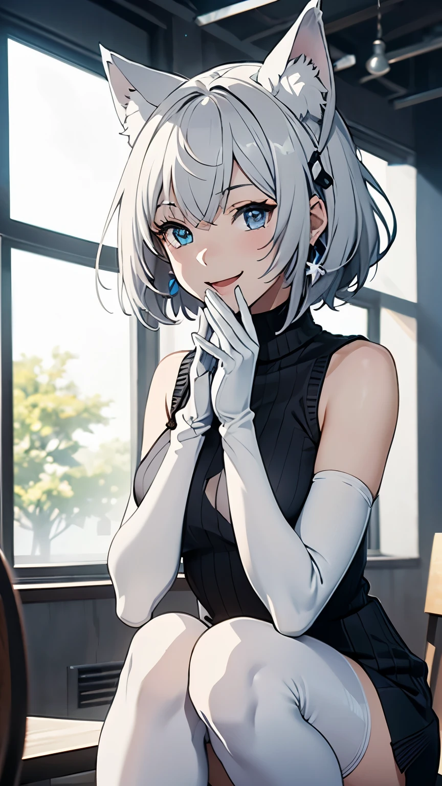 Tabletop High resolution Best image quality 8k Adult female Anime Style White long gloves(Elbow Gloves) White knit sweater(Sleeveless) mini skirt White Stockings White wolf ears short hair((Shortcuts)(Gray Hair)(Perm)(fluffy)) blue eyes Attractive face((Laughter)(smile)(Open your mouth)) squat pumps profile Place your hands on your knees construction area