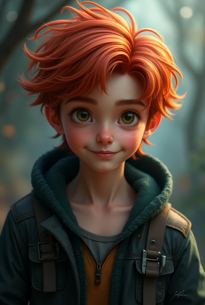 A young newt of around , redhead, His skin is appealed with Harry Hook, cover for wattpad, descendants version 