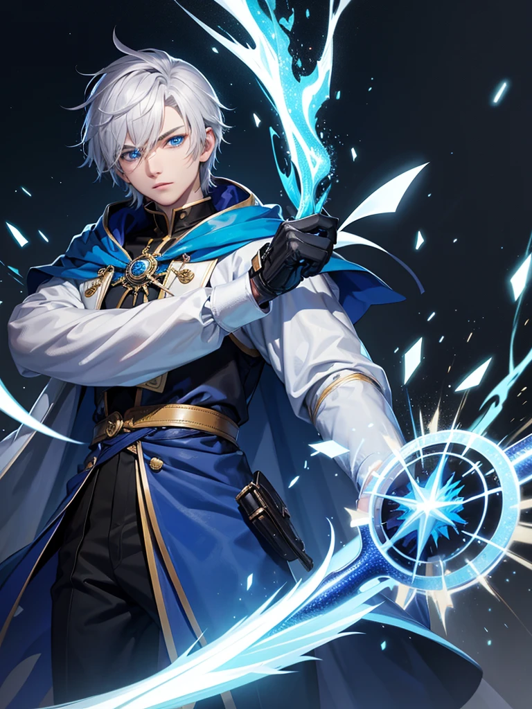 Wizard youngl man, he has a silver hair and blue eyes, he wear a hood and wear gloves , He held a rapier with lightning sparks surrounding it.