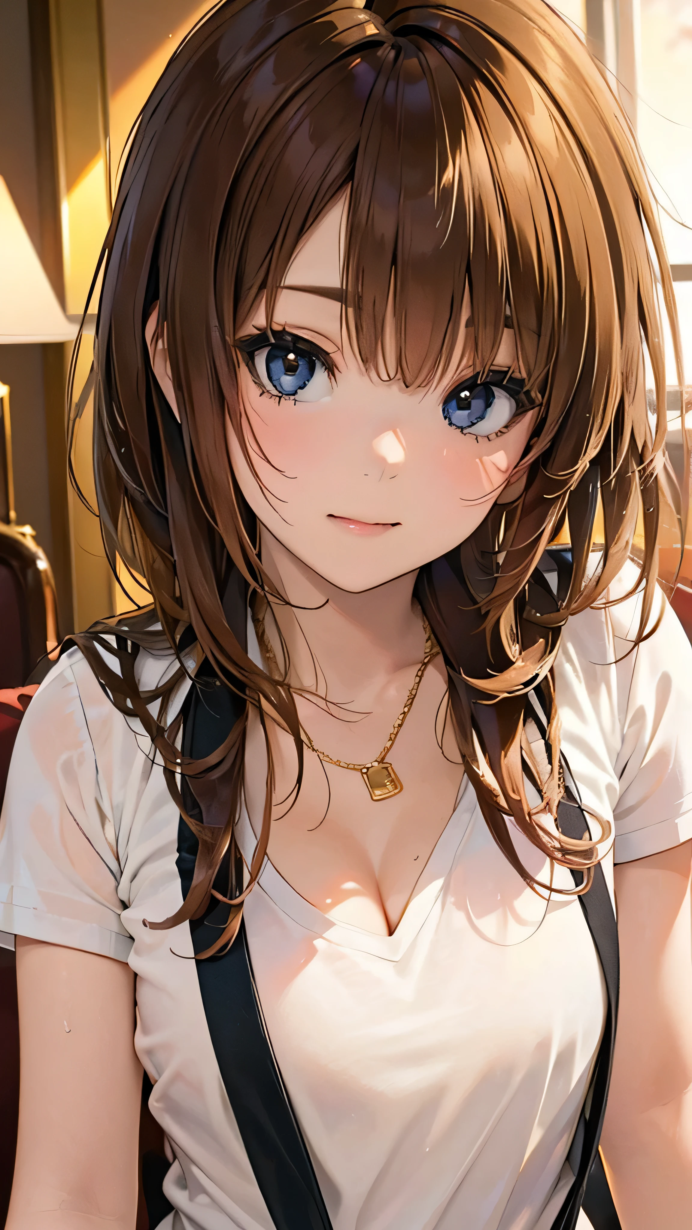 Official Art, wallpaper, Very detailed, (((Very detailedな目と顔))), Realistic portraits, (Highest quality, masterpiece, High resolution), (High resolutionスキン: 1.2), 8K Ultra HD, Backlight, Background Blur, smile, One Woman, a woman in a white shirt, Beautiful woman, Attractive beautiful face, Beautiful face and perfect skin, Diffused, Natural skin glow, Attractive and beautiful, Enveloped in golden light, Gorgeous and attractive, Soft Golden Hour Lighting, natural beauty expressive pose, Soft golden light, Attractive girl, Golden Background, Dynamic Angle