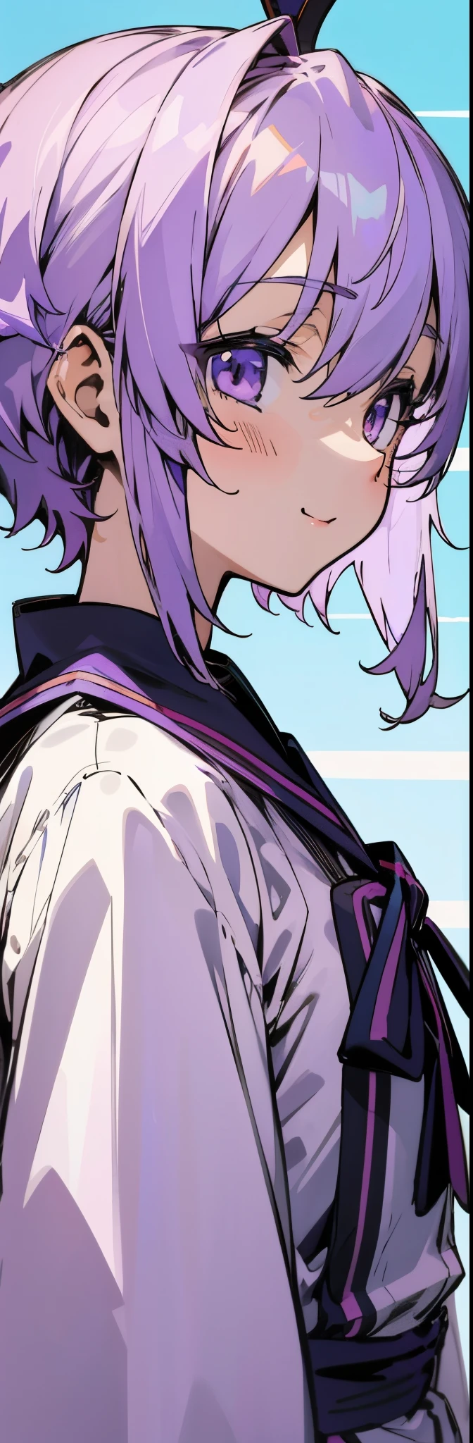 １girl、Yuitsuki Yukari、Light purple hair、short hair、(Hair between the eyes) )、Blouse shirt with ethnic patterns and primary colors、profile、smile、Upper body close-up