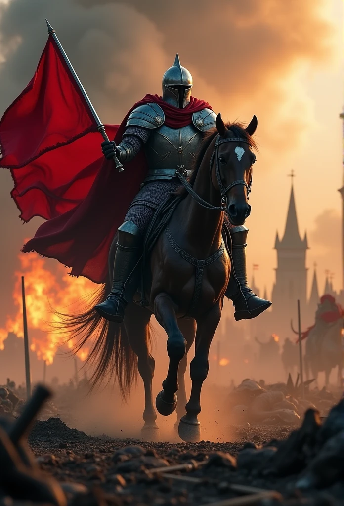 realistic, 4K, medieval fantasy knight riding a horse., in one hand a sword in the other hand a red flag fluttering in the wind, armor black on the background of war (chaos), burning corpses lie in the background, he jumps into the frame, dynamics