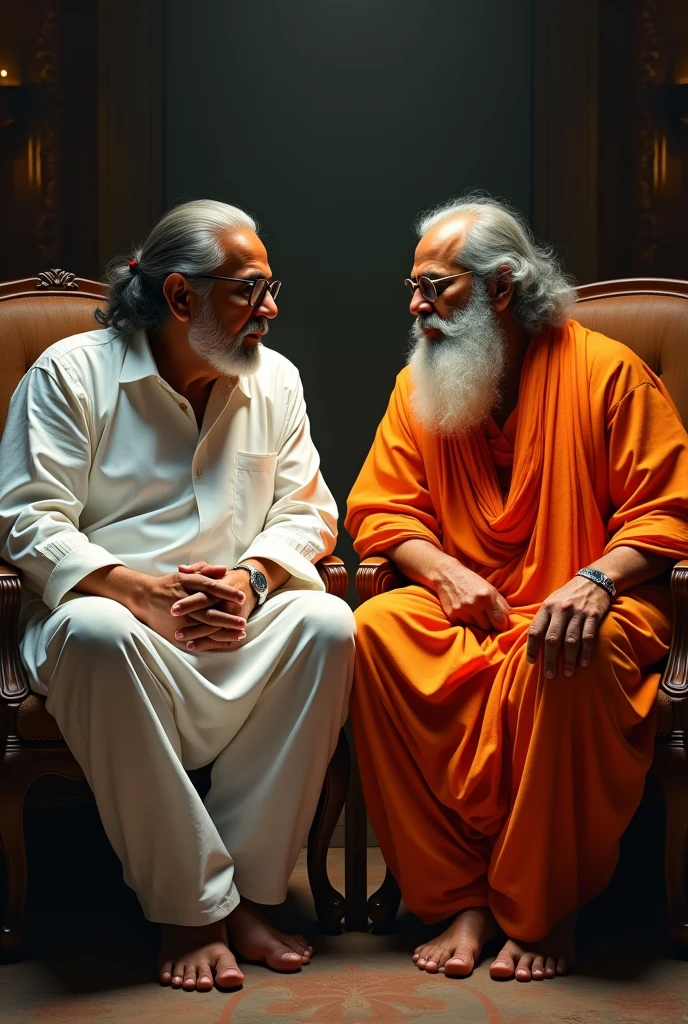 Create a image in which Rakesh Jhunjhunwala and Ramdev Agrawal is sitting together
