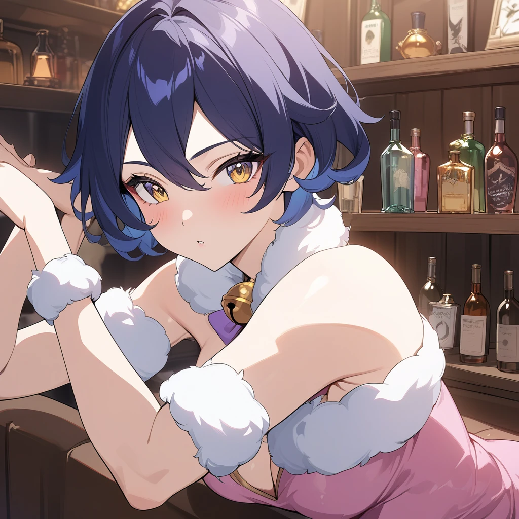 belle, bell from zenless zone zero, stylish pose, holding drink, great gatsby pose, anatomically correct, 1girl, messy short hair, dark blue hair, golden eyes, beautiful face, pink dress, fur dress, purple dress, fur, bar background, decorative, masterpiece, high quality, hd, 4k, upper body, genshin artstyle,