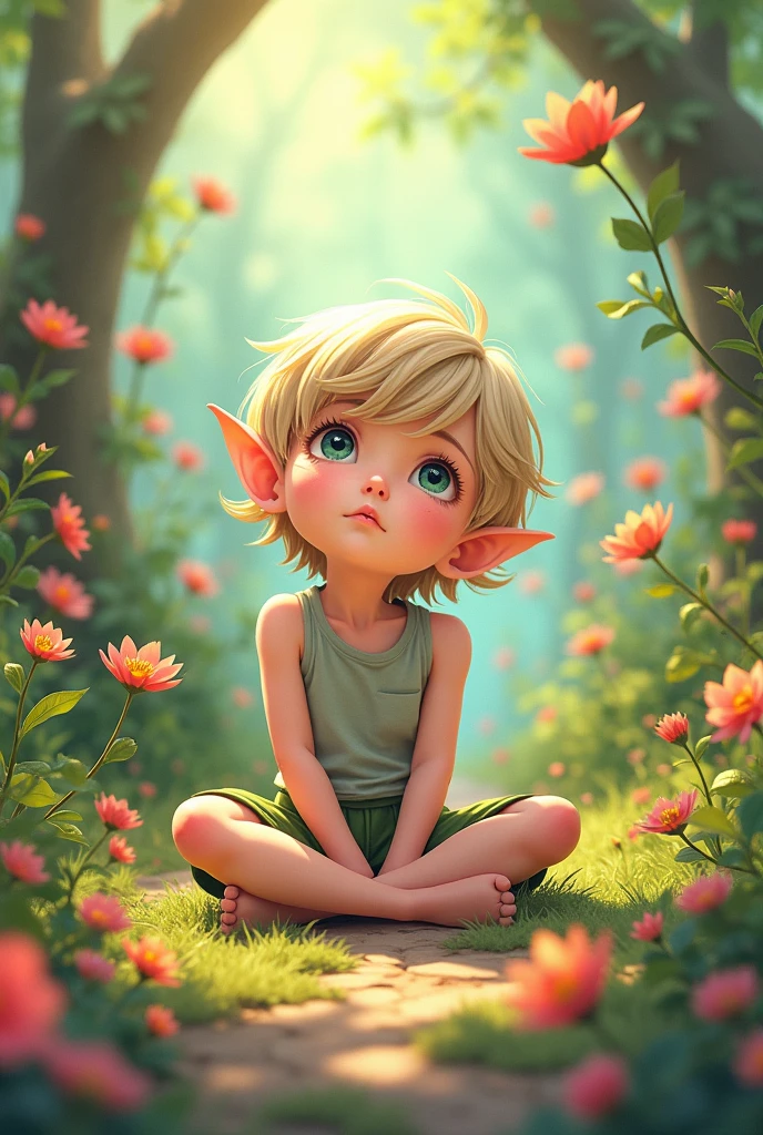  elf guy sitting on his knees between flowers on the ground,looking up anime style