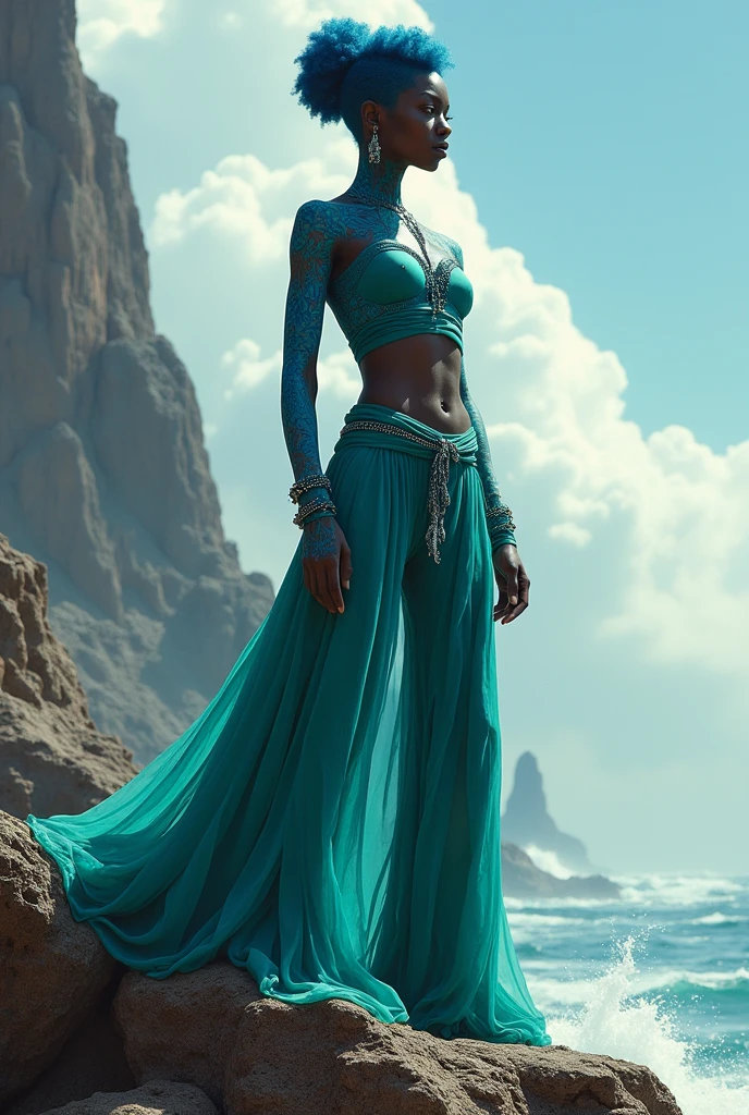 arafed woman in blue top and green pants posing on a cliff, concept art by Mark Arian, trending on cg society, afrofuturism, qiyana, symmetra from overwatch, artgerm julie bell beeple, with blue skin, samira from league of legends, alena aenami and artgerm, aly fell and artgerm