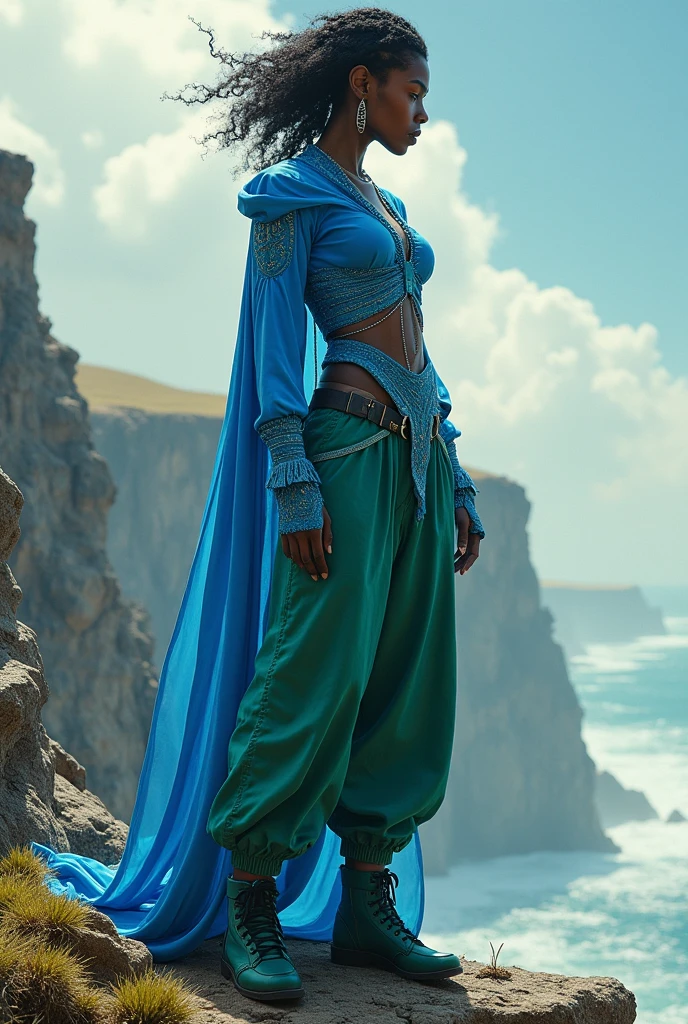 arafed woman in blue top and green pants posing on a cliff, concept art by Mark Arian, trending on cg society, afrofuturism, qiyana, symmetra from overwatch, artgerm julie bell beeple, with blue skin, samira from league of legends, alena aenami and artgerm, aly fell and artgerm