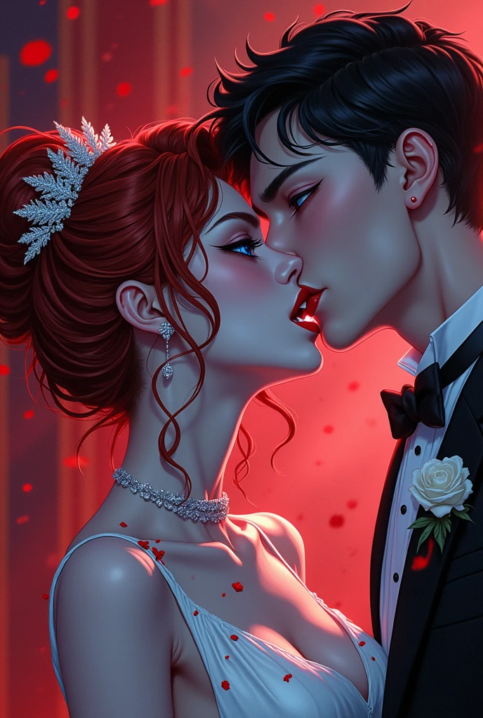 a anime comic picture of a ((vampire bride: 1.5)), biting her groom, a female vampire bride,  female vampire in a white leather wedding dress, (goth wedding dress: 1.4), with bloody gown, best detailed face,  ((blood on face)), ((vampire fangs: 1.5)) ultra feminine, pale skin, red haired, long hair, wedding hair cut style, blue eyes, ((blue glowing eyes: 1.3)), wearing (white leather wedding dress: 1.4) bloody gown, (wearing white high heels: 1.4), in the honeymoon suite, biting the the groom, bloody face, BREAK a beautiful human man, ultra detailed face (best details, Masterpiece, best quality: 1.4), wearing a wedding tuxedo, honeymoon suite background, vibrant, Ultra-high resolution, High Contrast, (masterpiece:1.5), highest quality, Best aesthetics), best details, best quality, highres, 16k, [ultra detailed], masterpiece, best quality, (extremely detailed)