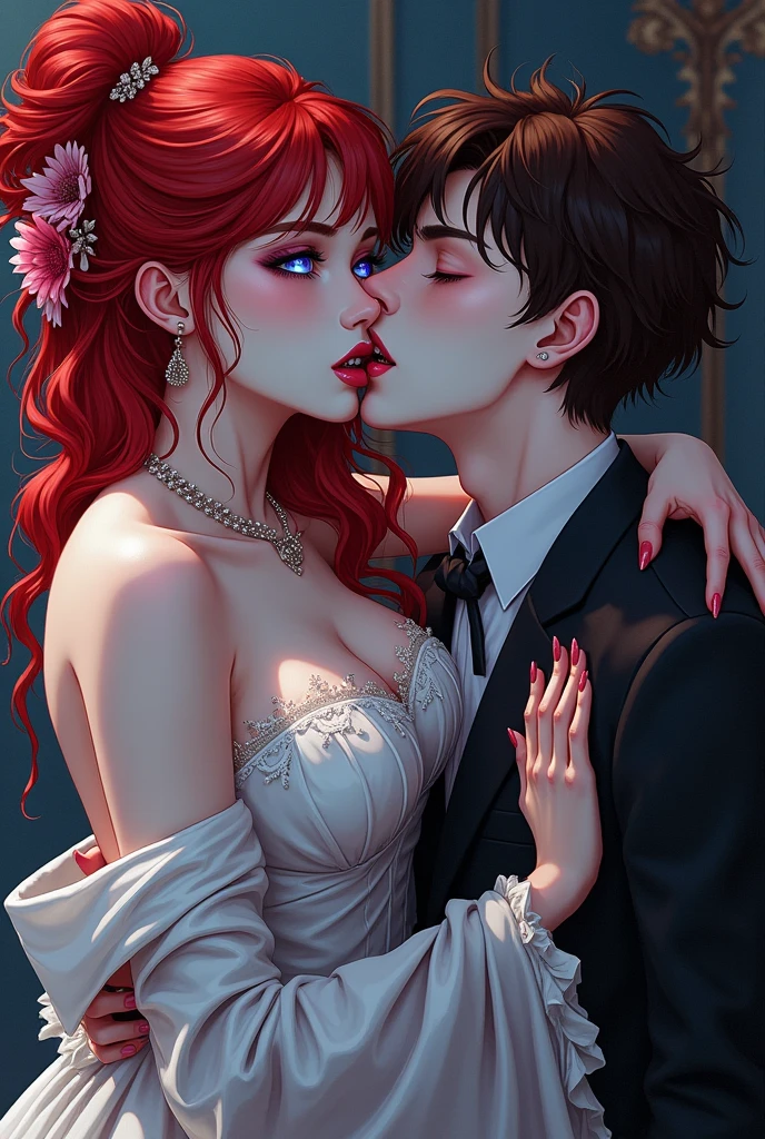 a anime comic picture of a ((vampire bride: 1.5)), biting her groom, a female vampire bride,  female vampire in a white leather wedding dress, (goth wedding dress: 1.4), with bloody gown, best detailed face,  ((blood on face)), ((vampire fangs: 1.5)) ultra feminine, pale skin, red haired, long hair, wedding hair cut style, blue eyes, ((blue glowing eyes: 1.3)), wearing (white leather wedding dress: 1.4) bloody gown, (wearing white high heels: 1.4), in the honeymoon suite, biting the the groom, bloody face, BREAK a beautiful human man, ultra detailed face (best details, Masterpiece, best quality: 1.4), wearing a wedding tuxedo, honeymoon suite background, vibrant, Ultra-high resolution, High Contrast, (masterpiece:1.5), highest quality, Best aesthetics), best details, best quality, highres, 16k, [ultra detailed], masterpiece, best quality, (extremely detailed)