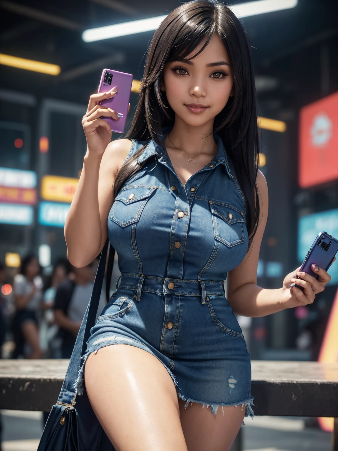 (30 years old, wearing denim dress), ((cute SFW Filipina|Thai woman holding colorful_smartphone, thighs, detailed face and eyeshadow, crowded cyberpunk plaza)), hourglass figure, smile, intricate, big breasts, bangs, (long hair), Cinematic lighting, global illumination, studio lighting, daytime, highly detailed, k, octane render, trending on artstation, soft fill lighting