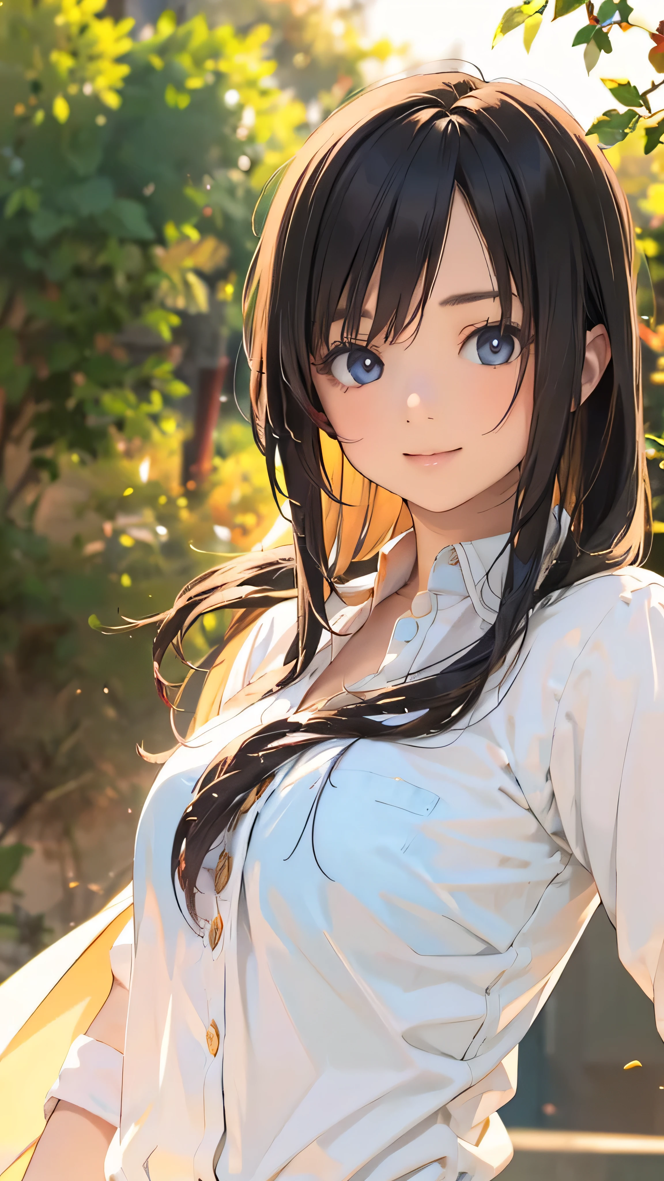 Official Art, wallpaper, Very detailed, (((Very detailedな目と顔))), Realistic portraits, (Highest quality, masterpiece, High resolution), (High resolutionスキン: 1.2), 8K Ultra HD, Backlight, Background Blur, smile, One Woman, a woman in a white shirt, Beautiful woman, Attractive beautiful face, Beautiful face and perfect skin, Diffused, Natural skin glow, Attractive and beautiful, Enveloped in golden light, Gorgeous and attractive, Soft Golden Hour Lighting, natural beauty expressive pose, Soft golden light, Attractive girl, Golden Background, Dynamic Angle