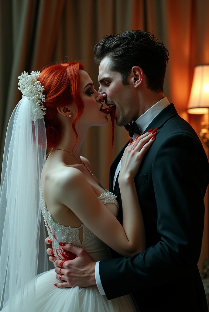 a picture of a vampire bride biting her groom, a female vampire bride (best details, Masterpiece, best quality) vampire female in a white wedding dress with bloody gown (best details, Masterpiece, best quality: 1.5), best detailed face (best details, Masterpiece, best quality: 1.5), blood on face, ultra feminine, pale skin, red haired, long hair, wedding hair cut style, blue eyes, intense eyes, wearing (white latex wedding dress: 1.4) bloody gown (best details, Masterpiece, best quality: 1.3), (wearing white high heels: 1.4), in the honeymoon suite (best details, Masterpiece, best quality: 1.4), biting the the groom, bloody face, BREAK a beautiful human man (best details, Masterpiece, best quality: 1.5), ultra detailed face (best details, Masterpiece, best quality: 1.4), wearing a wedding tuxedo (best details, Masterpiece, best quality), honeymoon suite background