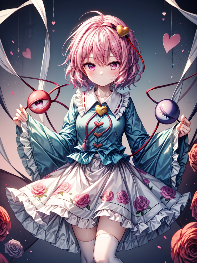 1girl, komeiji satori (touhou), pink eyes, purple eyes, short hair, pink hair, purple hair, messy hair, third eye, eyeball, collared shirt, blue shirt, frilled shirt collar, ribbon trim, heart button, long sleeves, frilled sleeves, wide sleeves, pink skirt, frilled skirt, floral print, rose print, white legwear, bobby socks, pink slippers