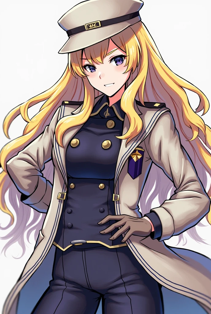 masterpiece, best quality, 1girl, solo, <lora:diabellze-ygo-richy-v1:1> diabellze, blue eyes, blonde hair, purple hair, multicolored hair, witch hat, white coat, white bodysuit, multiple belts, grin, thigh boots, hands on hips