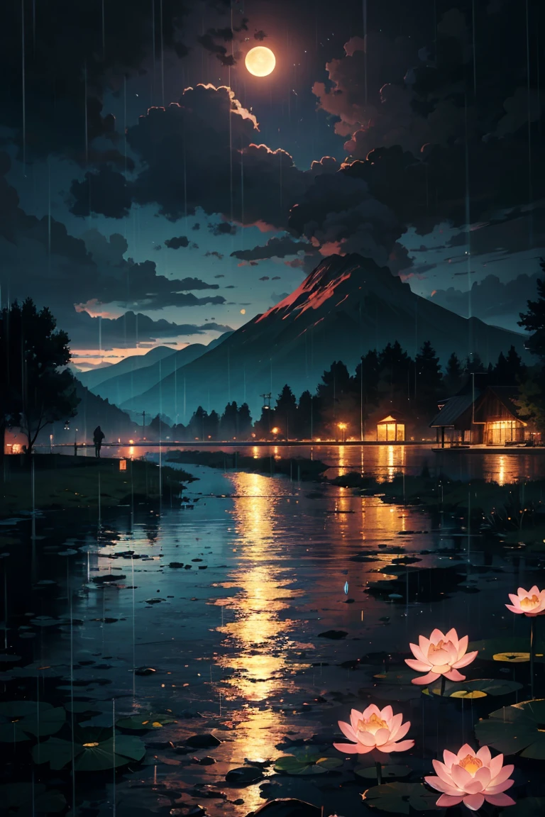 natta, Only moonlight illuminates, Meniscus, mountain in the distance, Beautiful big lotus nearby, Big red lotus, There is running water next to it, frogs, Summer is full of joy, The crescent moon and stars in the sky are mixed together, amazing wallpapers, raining night, rainy night, Beautiful and beautiful, cinematic ligh, high detal ((heavy rain poured))), 8K