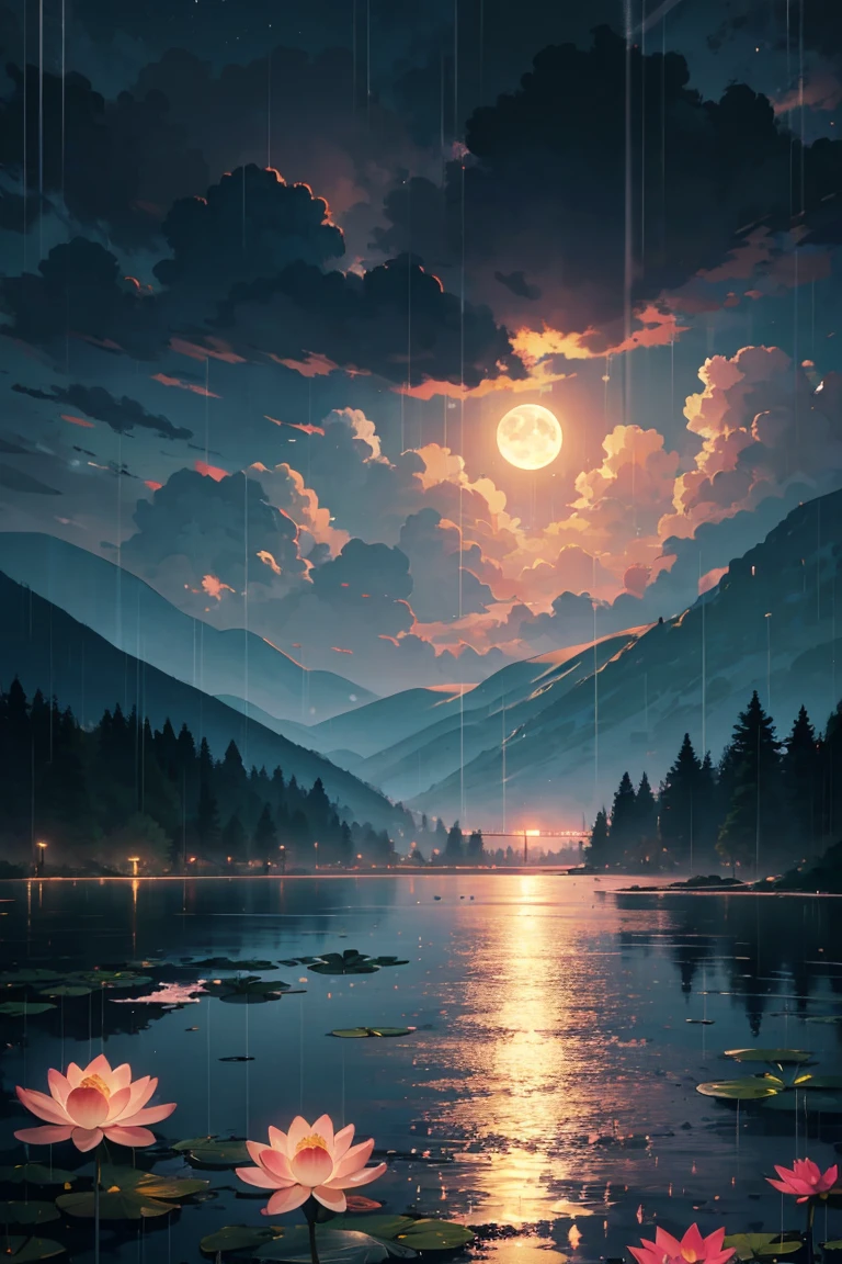 natta, Only moonlight illuminates, Meniscus, mountain in the distance, Beautiful big lotus nearby, Big red lotus, There is running water next to it, frogs, Summer is full of joy, The crescent moon and stars in the sky are mixed together, amazing wallpapers, raining night, rainy night, Beautiful and beautiful, cinematic ligh, high detal ((heavy rain poured))), 8K