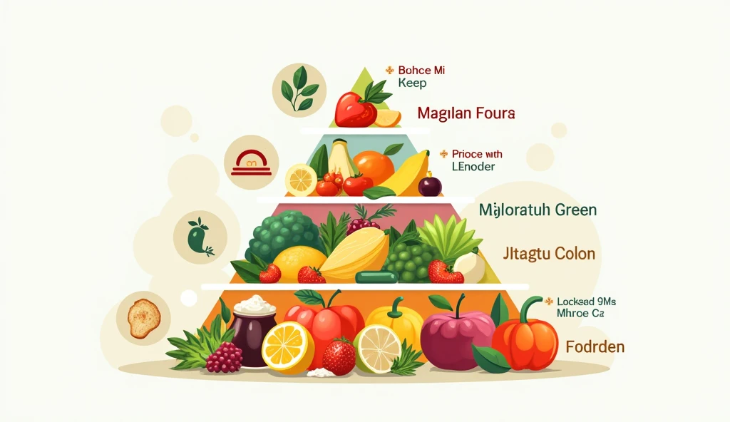Make a picture of  food pyramid of balanced diet with name of each food