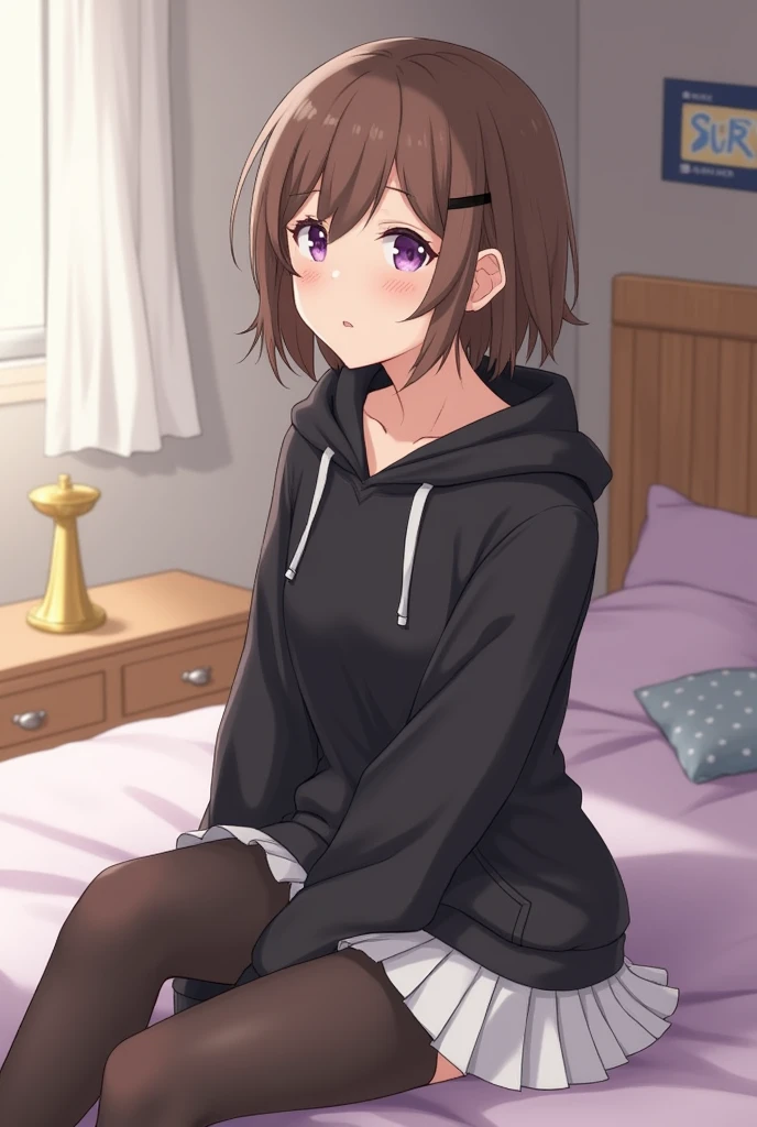 femboy,short curly brown hair,light tan skin,beautiful purple eyes,purple hoodie,black pleated skirt,soft lighting,fluffy bed