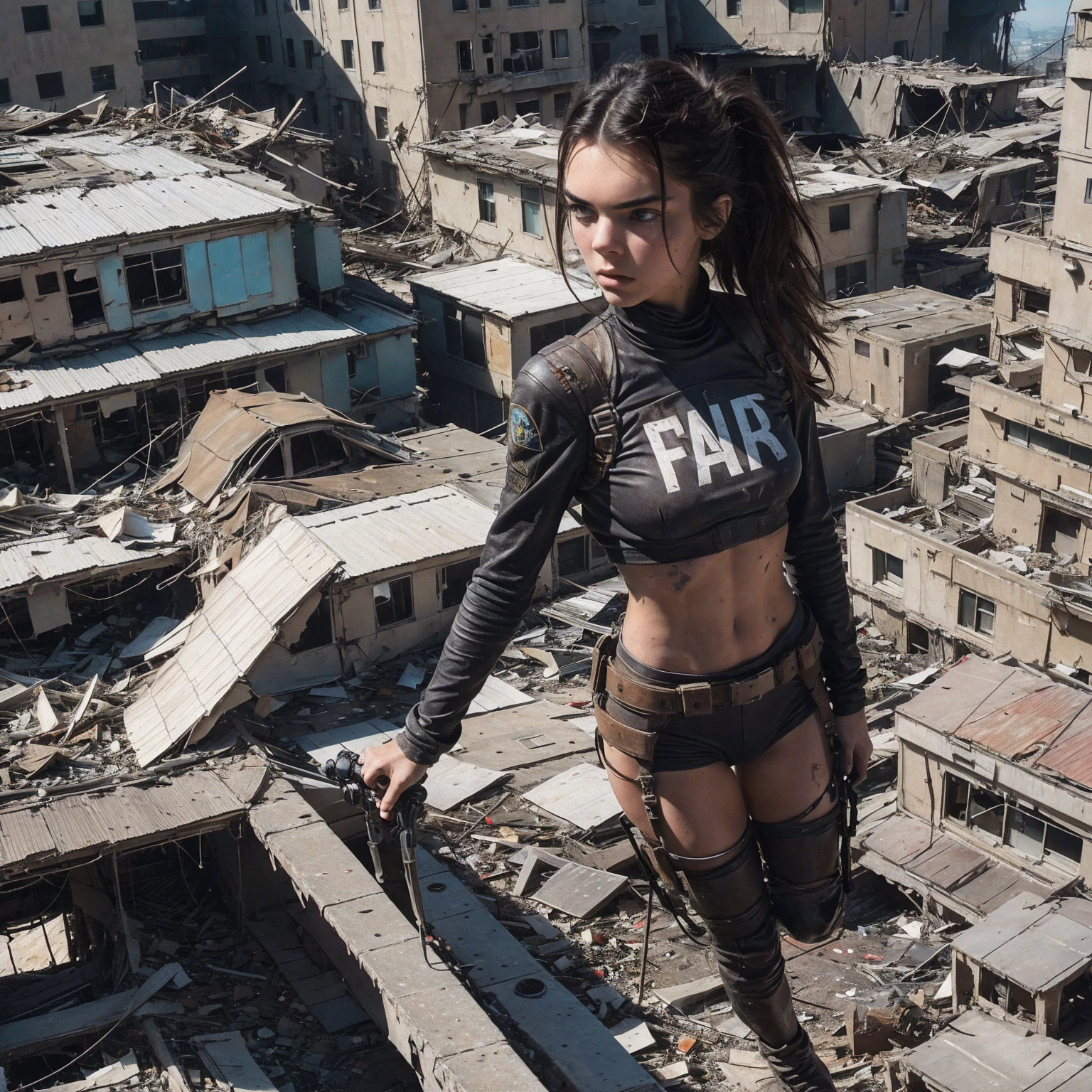 Flying 20 meters in the air. a beautiful but dirty and ragged 18 year old slim girl, a Kendall Jenner look alike with a large gun in her hands, with a jet-pack on her back flying toward the camera low between destroyed post apocalyptic buildings on patrol. Movie scene. Cinematic, post apocalyptic style.