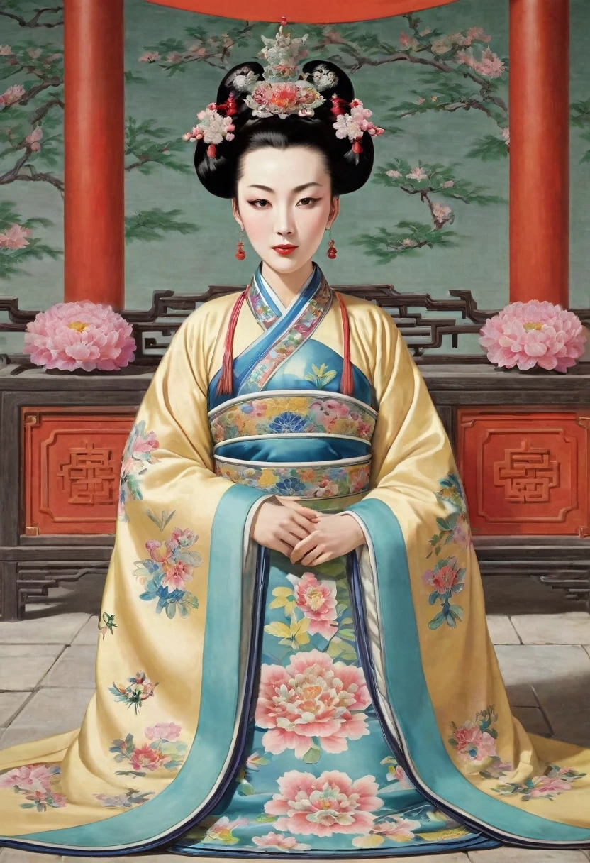 Front view of a Qing Dynasty empress in a Chinese palace during the Qing Dynasty. She is naked and has large breasts. She is wearing a crown and a flower hairpin.、. The background is the stone paving of a Chinese palace during the Qing Dynasty at night..