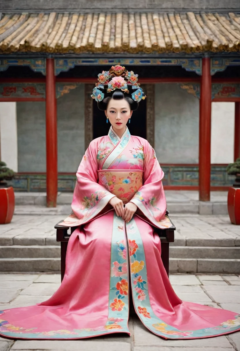 Front view of a Qing Dynasty empress in a Chinese palace during the Qing Dynasty. She is naked and has large breasts. She is wearing a crown and a flower hairpin.、. The background is the stone paving of a Chinese palace during the Qing Dynasty..