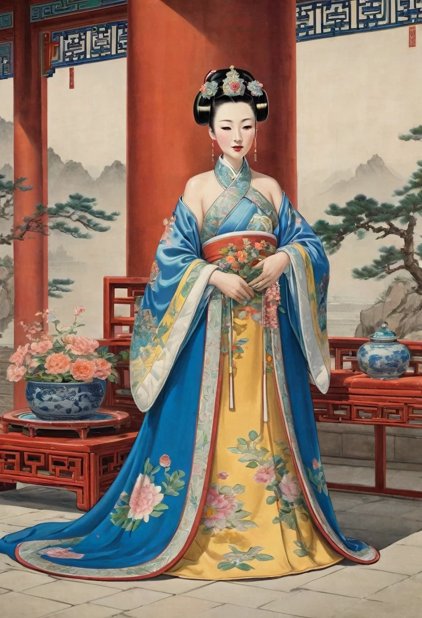 Front view of a Qing Dynasty empress in a Chinese palace during the Qing Dynasty. She is naked and has large breasts. She is wearing a crown and a flower hairpin.、. The background is the stone paving of a Chinese palace during the Qing Dynasty..