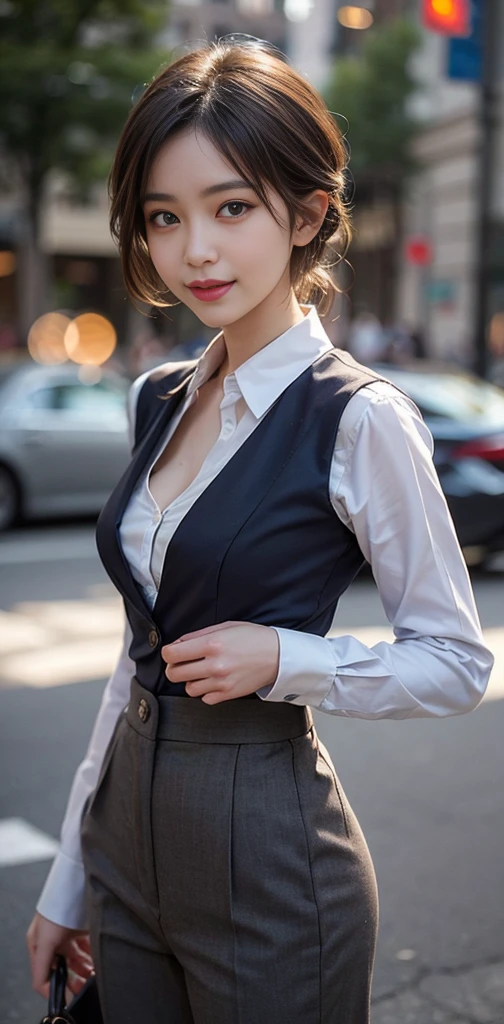 RAW photo, bokeh, (Lifelike face), smiled slightly, best quality, HDR, (photorealistic:1.7), full body portrait, sharp outline, romantic, uniform, culottes, delicate face, short brown hair fluttering in the wind, 20-year-old girl, slim figure, small bust, cleavage of the breast, charisma, glamorous, standing tall.