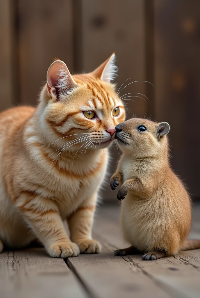 A cat kissing a small capybara