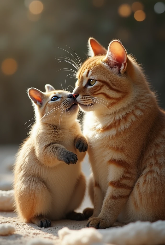 A cat kissing a small capybara