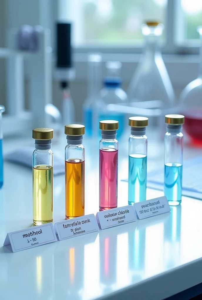 Please draw a scene that contains several compound standards, each encapsulated in a transparent ampoule. Ampoule bottles should exhibit their typical slender cylindrical design with sealing. Each ampoule bottle should be placed on a clean and tidy laboratory table that can have some basic laboratory equipment as a background, such as beakers, test tube racks, pipettes, etc., to increase the realism of the scene.
The compound standard in the ampoule bottle can be a liquid or crystal of different colors to represent different compounds. A small label or card can be placed next to each ampoule, and the name of the compound ( such as 'methanol standard ', ' sodium chloride standard ', etc. ) and other possible important information ( such as concentration, batch number, etc. ) can be marked with a clear font. The colour and font of the label should be contrasted with the ampoule and its contents for easy identification.
Please ensure that the entire picture composition is balanced and the light is sufficient to show the professionalism of the laboratory and the clarity of the compounds in the ampoule. At the same time, some subtle laboratory elements can be added, such as a corner of a white coat, gloves or glasses, to increase the storytelling and realism of the scene.