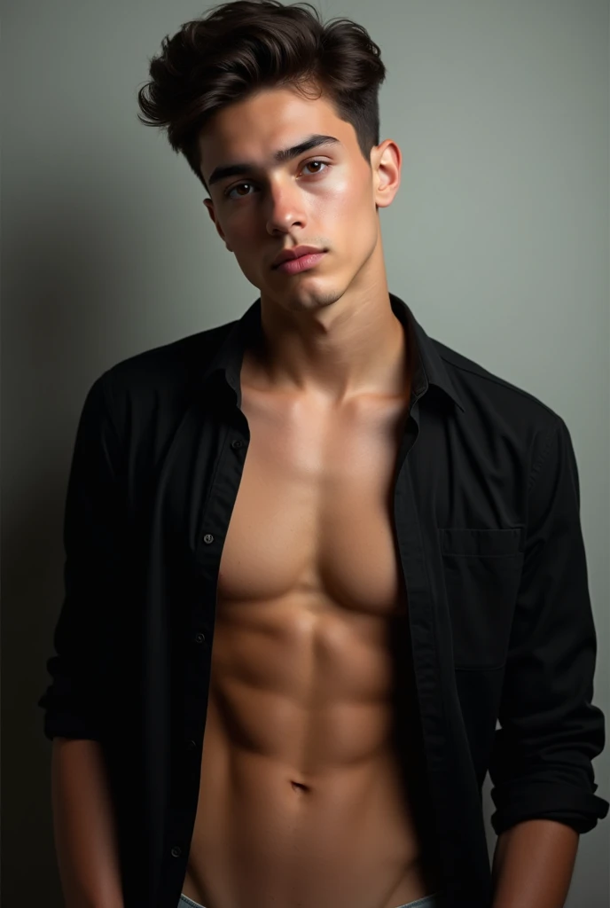 A cool boy 17 year old wearing a black jean attractive abs fully unbuttoned shirt attractive chest fit sensual hot sexy body beautiful