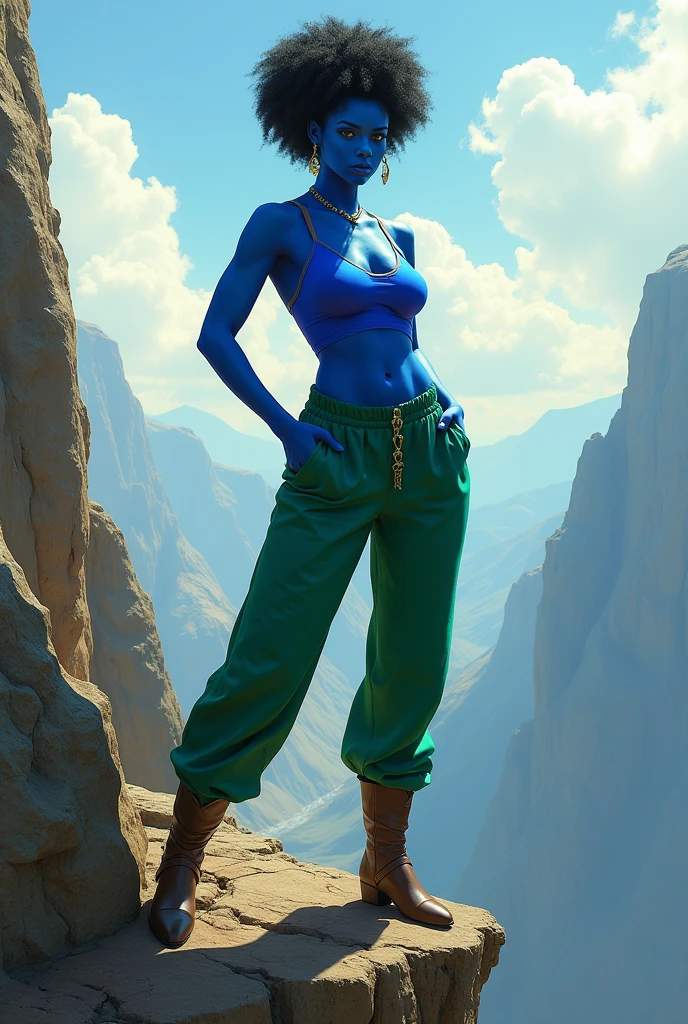arafed woman in blue top and green pants posing on a cliff, concept art by Mark Arian, trending on cg society, afrofuturism, qiyana, symmetra from overwatch, artgerm julie bell beeple, with blue skin, samira from league of legends, alena aenami and artgerm, aly fell and artgerm