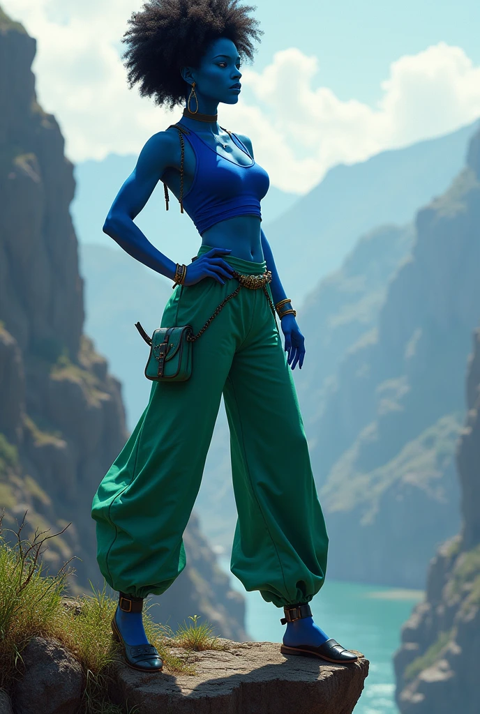 arafed woman in blue top and green pants posing on a cliff, concept art by Mark Arian, trending on cg society, afrofuturism, qiyana, symmetra from overwatch, artgerm julie bell beeple, with blue skin, samira from league of legends, alena aenami and artgerm, aly fell and artgerm