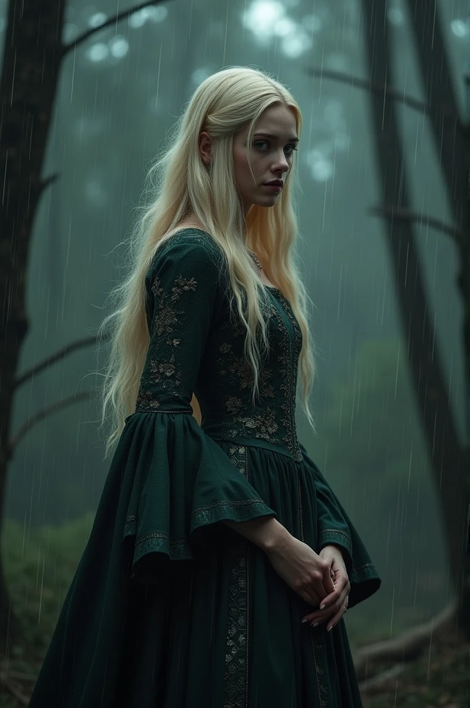 Blonde in a dark gloomy forest in the rain in a medieval dress