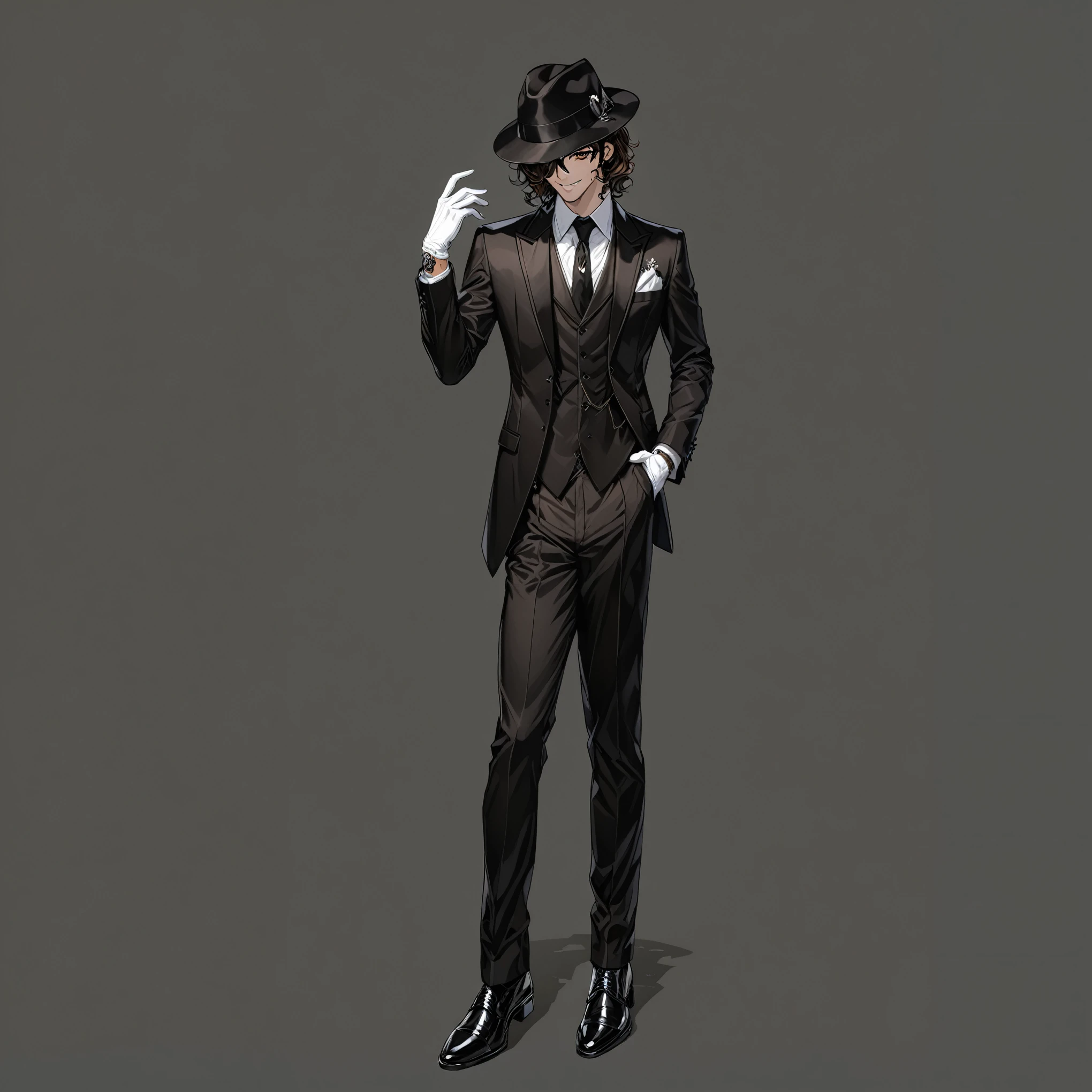 masterpiece, best quality, good quality, Highly detailed, shadowverse style, male, brown eyes, brown hair, modern aesthetic, evil smile, black formal suit with tie, white gloves, full body art, wear black fedora hat, solo, michael jackson style hair