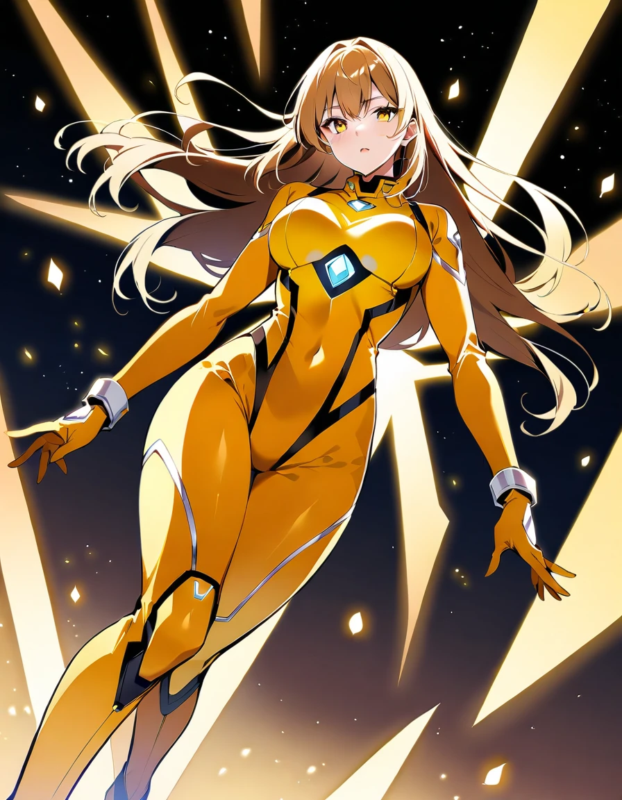 A beautiful woman wearing a full-body golden powered suit