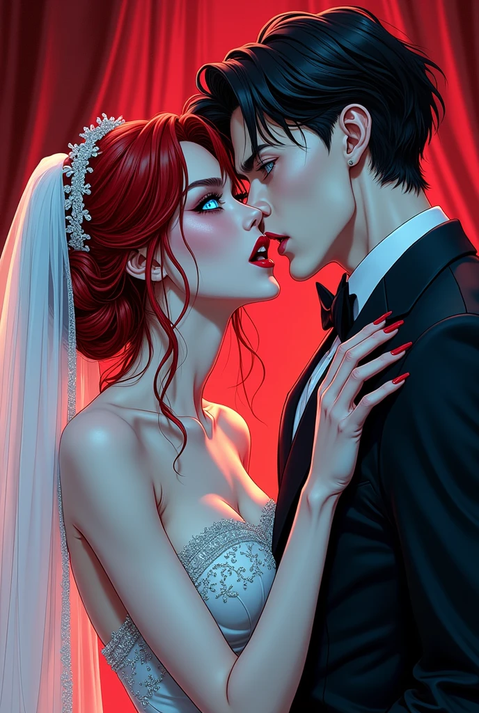a anime comic picture of a ((vampire bride: 1.5)), biting her groom, a female vampire bride,  female vampire in a ((white leather wedding dress)), (goth wedding dress: 1.4), with bloody gown, best detailed face,  ((blood on face)), ((vampire fangs: 1.5)) ultra feminine, pale skin, red haired, long hair, wedding hair cut style, blue eyes, ((blue glowing eyes: 1.3)), wearing (white leather wedding dress: 1.4) bloody gown, (wearing white high heels: 1.4), in the honeymoon suite, biting the the groom, bloody face, BREAK a beautiful human man, ultra detailed face (best details, Masterpiece, best quality: 1.4), wearing a wedding tuxedo, honeymoon suite background, vibrant, Ultra-high resolution, High Contrast, (masterpiece:1.5), highest quality, Best aesthetics), best details, best quality, highres, 16k, [ultra detailed], masterpiece, best quality, (extremely detailed)